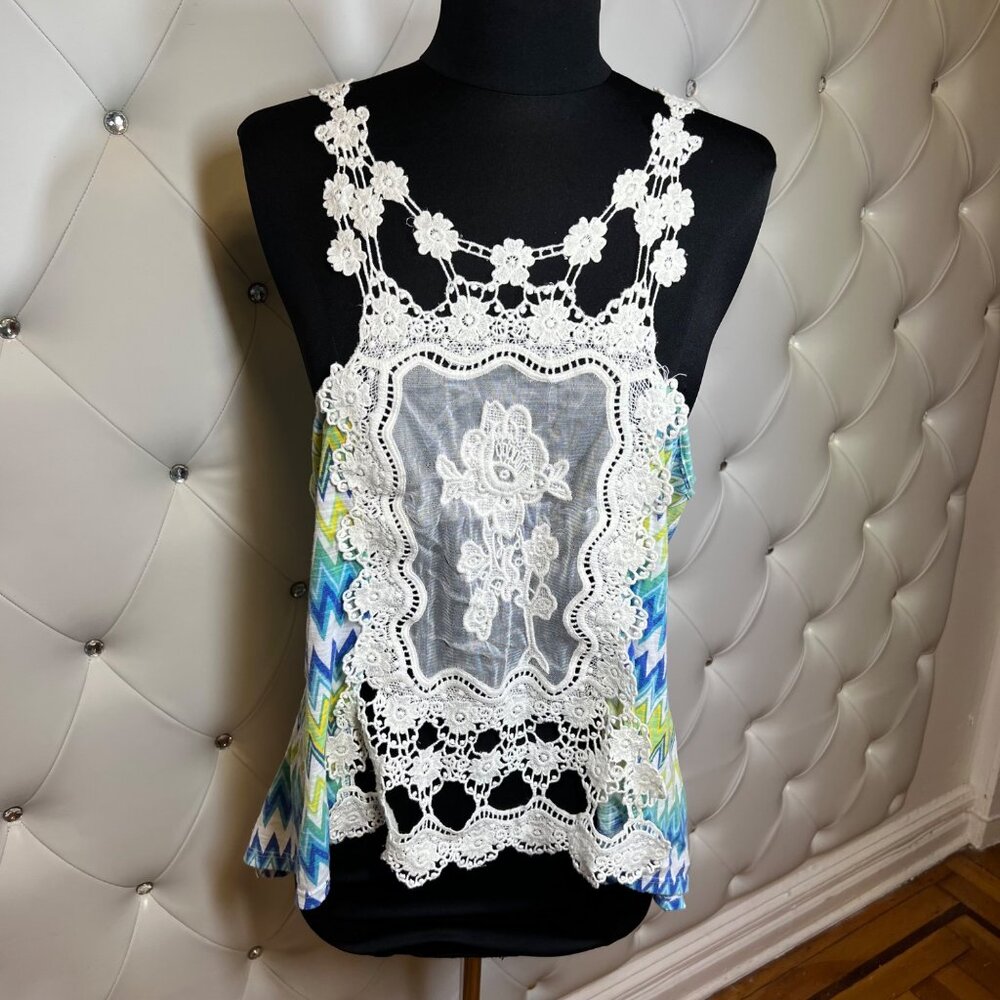 Just One Floral Lace Crochet Top-Blue And White Size 1X